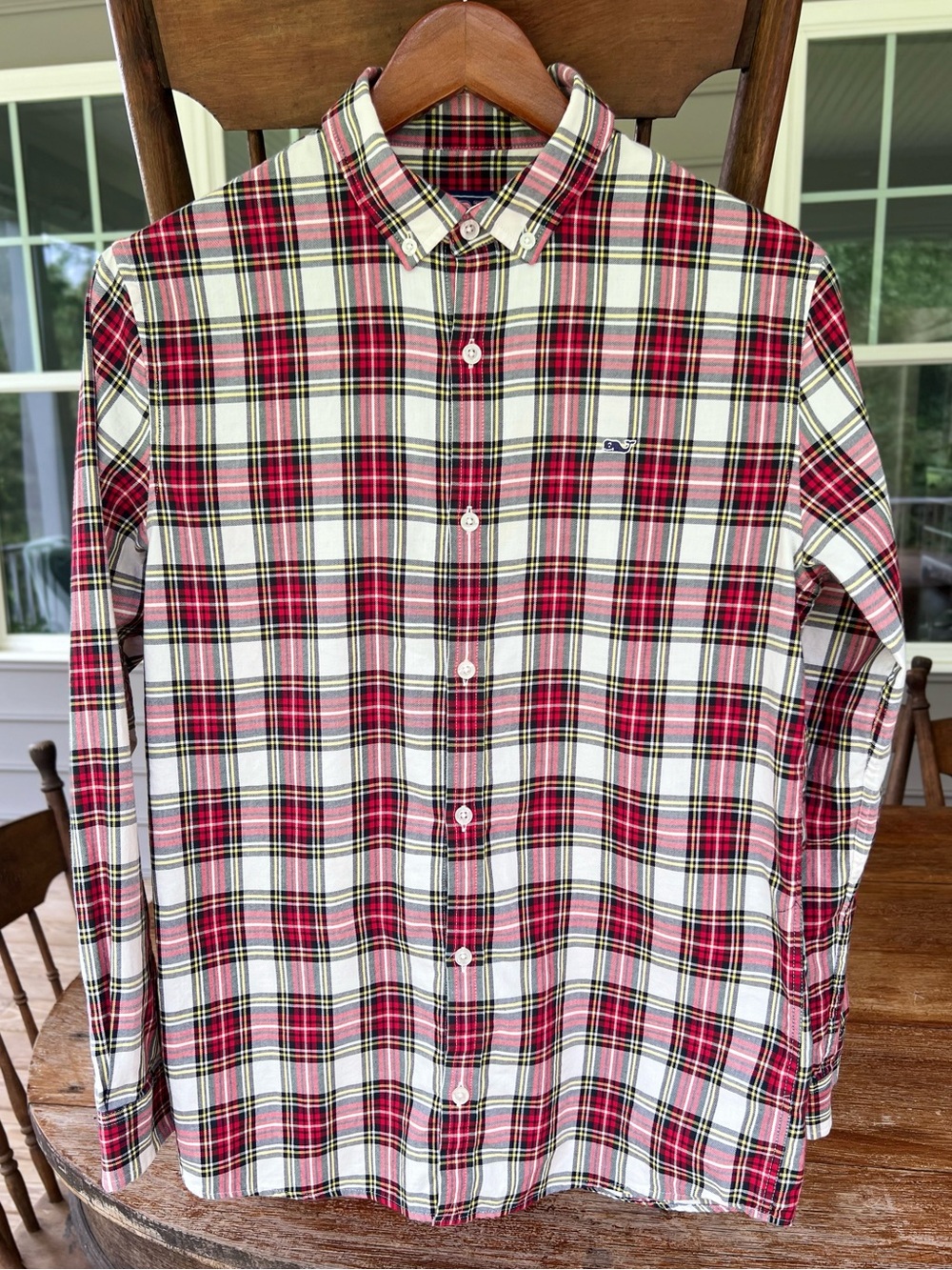 Boys Vineyard Vines XL Button Down Whale Dress Shirt red white black plaid 18